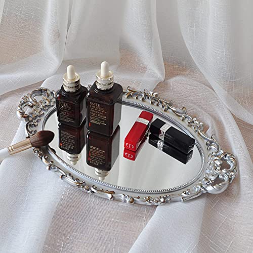Yamfurga Oval Decorative Mirror Tray, French Style Flower Frame, Makeup Organizer, Jewelry Organizer, Serving Tray, 9.8"X 14.6", Golden Silver #TOP2
