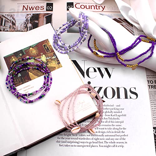 Palotay 4Pcs Waist Beads Chain Handmade African Colorful Belly Body Chain Plus Size Layered Summer Beach Elastic String Set Body Jewelry Gifts For Women Girls Purple #TOP1