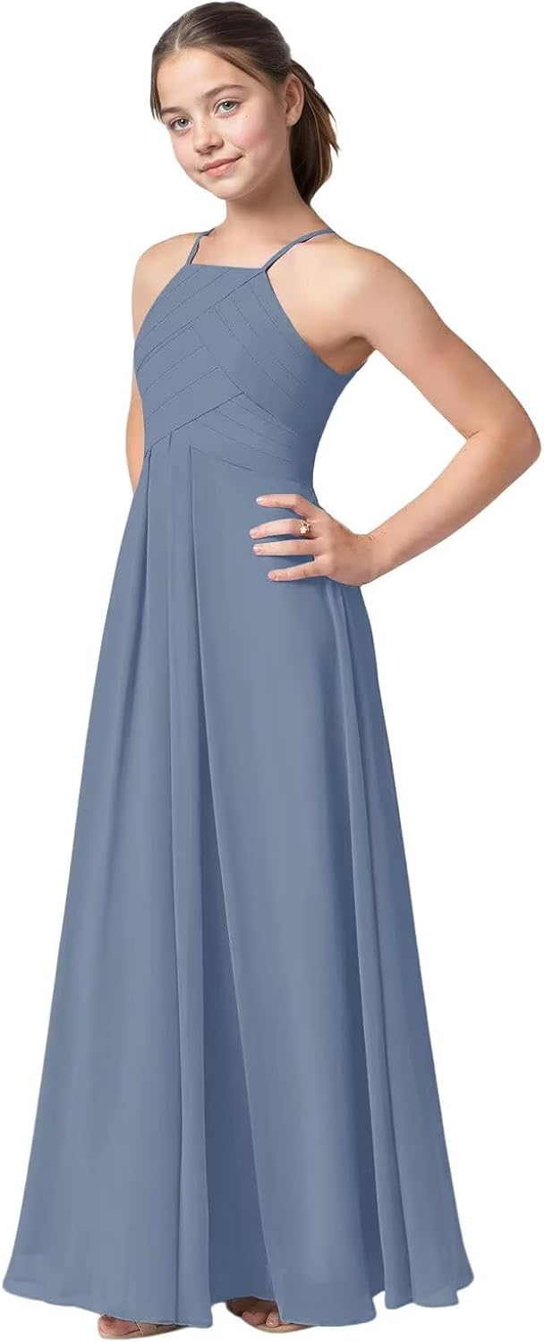Halter Flower Girl Dress Flowy Chiffon Junior Bridesmaid Dresses A-Line Long 4-16 Teen Wedding Party Gown MV004