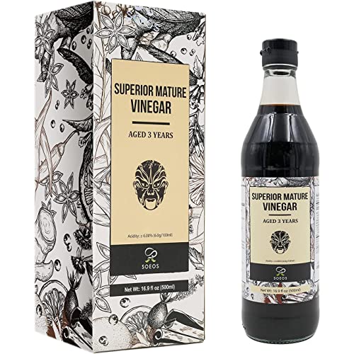 Soeos Chinkiang Vinegar 16.9 fl oz (500ml), 3 Years Aged, Naturally Fermented, Mature Aged Black Vinegar, Chinese Black Vinegar, Zhenjiang Vinegar, Black Rice Vinegar, Black Vinegar Chinese.
