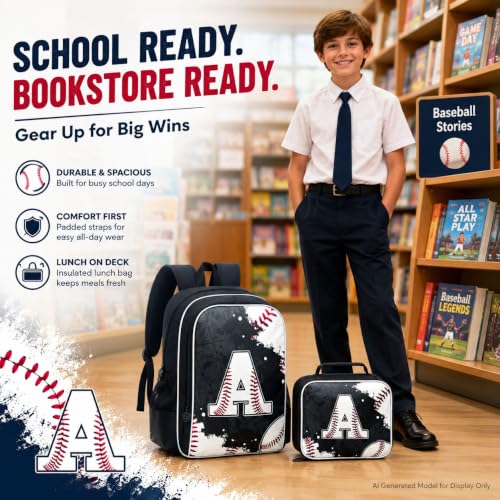 Image of AGSDON 3PCS Baseball Backpack for Boys, 17 inch Kids Bookbag Water Resistant and Lightweight with Lunch Box for Teen