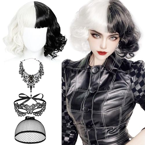 QJFHURB Peluca Cruella Devil Mujer Peluca Blanca y Negra Peluca Cruela Pelucas Disfraz Peluca Negra y Blanca Cruella Wig Con Collar De Encaje Negro Máscara De Ojos De Encaje y Redecilla Para El Pelo