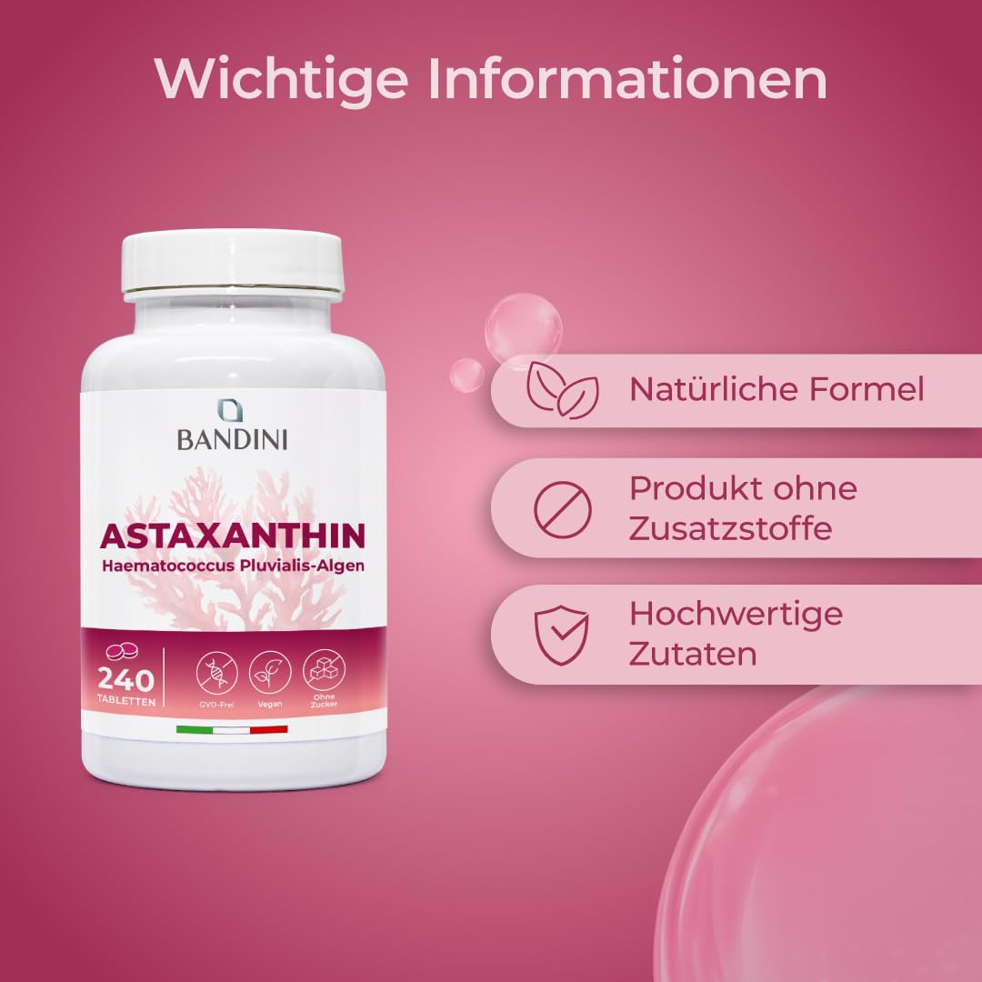 Bandini® Astaxanthin 8mg 240 Tabletten für 8 Monate (1 Tablette pro Tag) | | Hochdosiert 8 mg pro Tablette | Natürliches Astaxanthin aus Haematococcus Pluvialis Algen | Magnesiumstearatfrei, GMO-frei