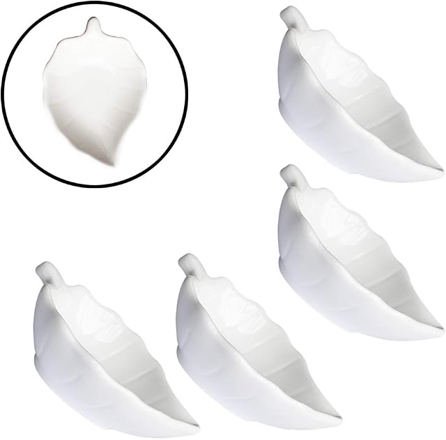 Pirhosigma 4 pcs Leaf Shaped Porcelain Soy Sauce Dish Ceramic Dip Dipping Bowls White Palette for Dinner Baking BBQ and Cooking