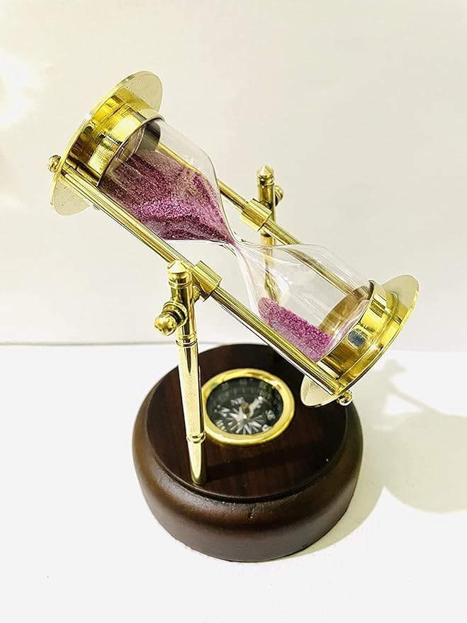 Image of Sand Timer sandclock Antique Brass Sand Timer with Compass on Wooden Base Hourglass Clock Nautical Theme Decor