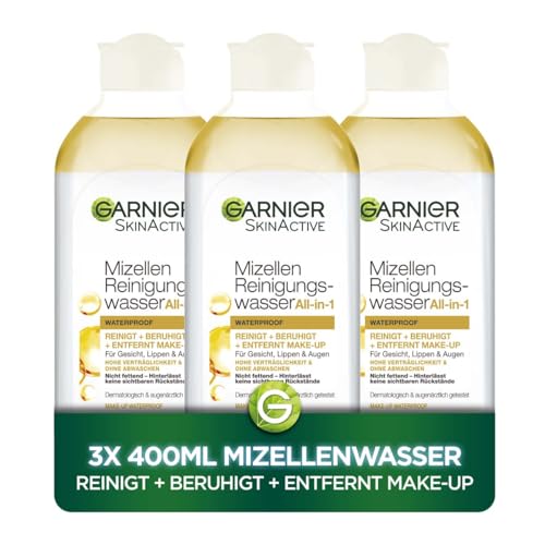 Garnier Mizellen Reinigungswasser All-in-1 Waterproof Set: Schonende Gesichtsreinigung für wasserfestes Make-up – Schnelle & effektive Make-up-Entfernung für Gesicht, Lippen & Augen, 3er Set
