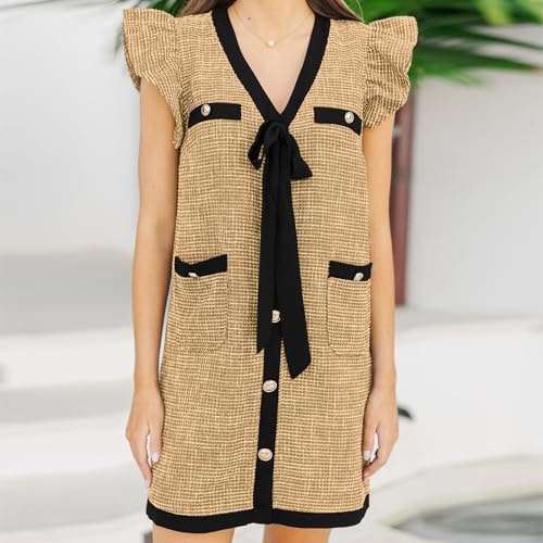 Bonnorth Womens Ruffle Cap Sleeve Mini Tweed Dress V Neck Button Down Bow Tie Business Work Shift Dresses with Pockets2