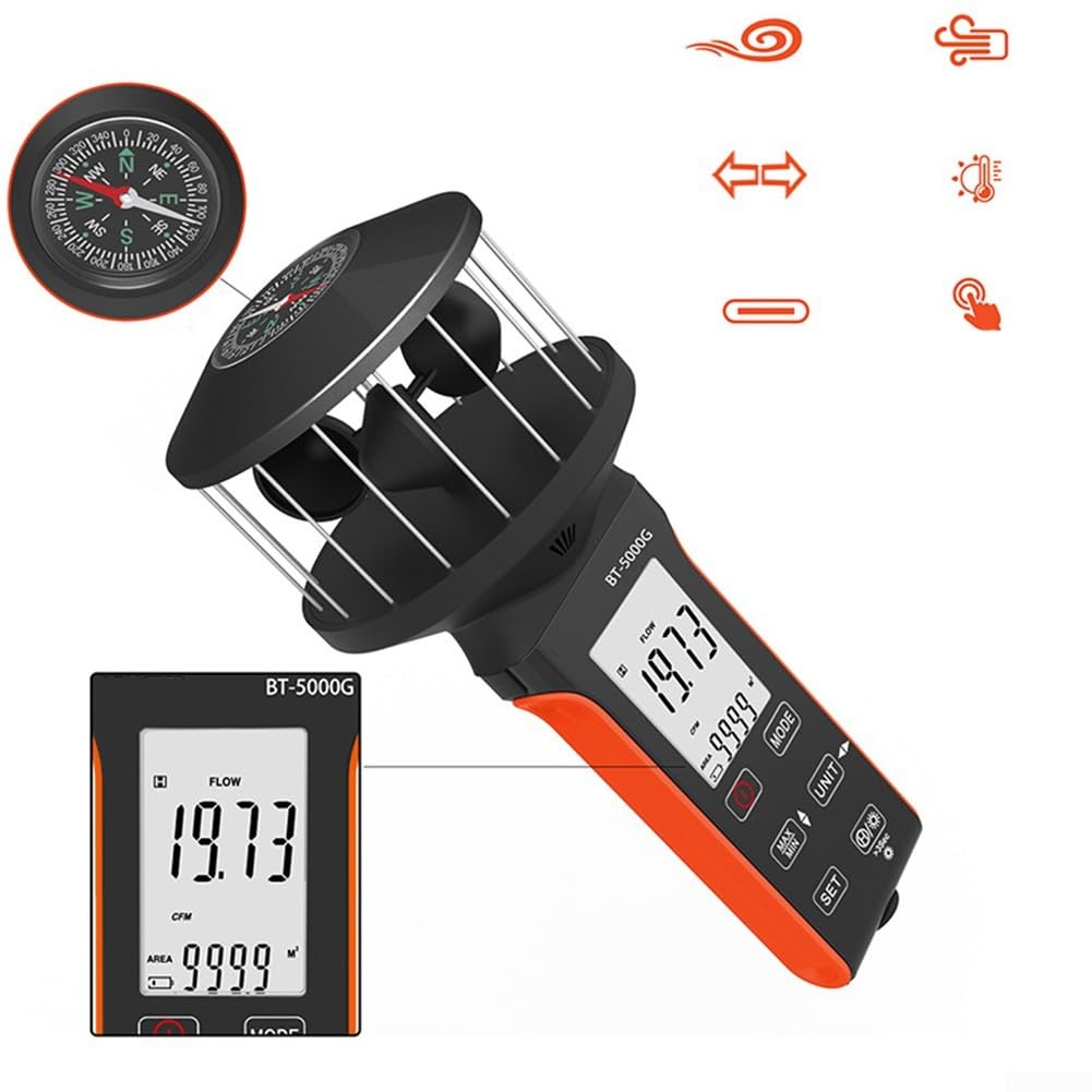 Anemómetro digital de copa BT-5000G con carga USB C – Medidor de viento para m/s, nudos, km/h, medidor portátil para vela, escalada, deportes al aire libre – Negro Naranja 203 x 87 mm