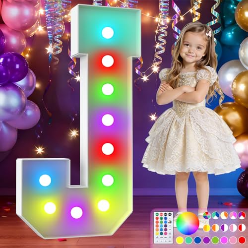 Image of 3FT Colorful Marquee Letters,18-Color Letter J with Remote Control Large Light Up Numbers Sign,Pre-Cut Foam Board Set for Party Decoration, Birthdays, Weddings, Graduations, Baby Anniversaries