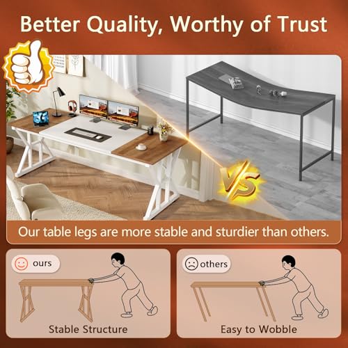 Image of 63 inch Large Computer Desk with Thickened Frame for Home Office, Living Room | Modern Simple Executive Desk, Larger Gaming Desk with X-Shaped ReInchforcement, Brown /White