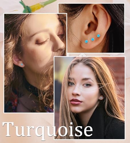 Enticera G23 Titanium Handmade Turquoise Stud Earrings For Sensitive Skin Hypoallergenic Women Flat Back Nap Earrings Studs 20G Screw Back Cartilage Stud Earrings Silver Blue thumb #3