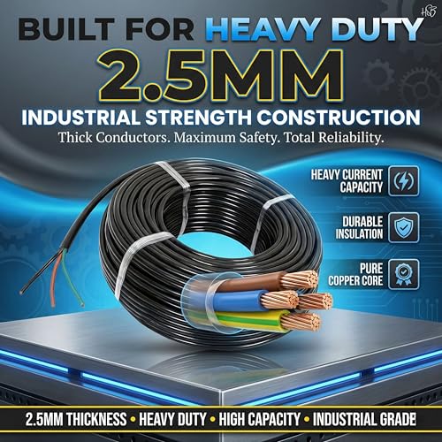 Image of Drumstone 3 Core 2.5 Sqmm Pure Copper Electrical Wire, Flame Retardant Flexible Power Cable for AC, Geyser, Inverter, Power Sockets, Home Wiring & Industrial Electrical Applications