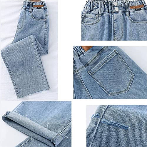 Yayabroe Kids Girls Ripped Jeans Washed Elastic Waist Wide Leg Baggy Pants Size 5-14 Years (Light Blue, 7-8 Years) #TOP6