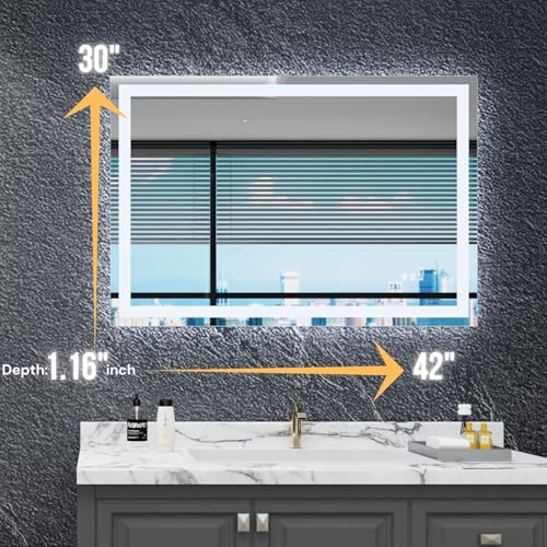 Image of LED Bathroom Mirror 42 inchx 30 inch, Front Lit and Backlit Mirror Bathroom with Lights,Stepless Dimmable,Anti-Fog, Shatter-Proof, Memory, 3 Colors Lighted Mirror (Horizontal /Vertical)