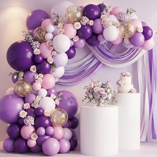 Image of RUBFAC Dusty Purple Balloons 129pcs Different Sizes Pack of 18 12 10 5 Inch, Latex Light Lavender Lilac Balloon Garland Arch Kit for Wedding Baby Shower Gender Reveal Birthday Party Decorations