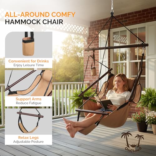 Image of ONCLOUD Upgraded Unique Hammock Sky Chair, Air Deluxe Hanging Swing Seat with Rope Through Beech Wood Bar Safer Relax with Drink Holder & Fuller Pillow for Indoor Outdoor Patio Yard 250LBS (Tan)