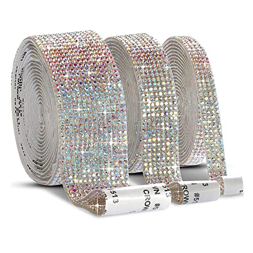 Deggodech 3 Rollen 6 Yards Selbstklebende Kristall Strass Diamant Band, Bling AB Bunt Diamantrolle Aufkleber mit 2 mm Glitzer Strass für DIY Geschenk Kunst Handwerk Hochzeit Dekoration (AB Bunt) Cover