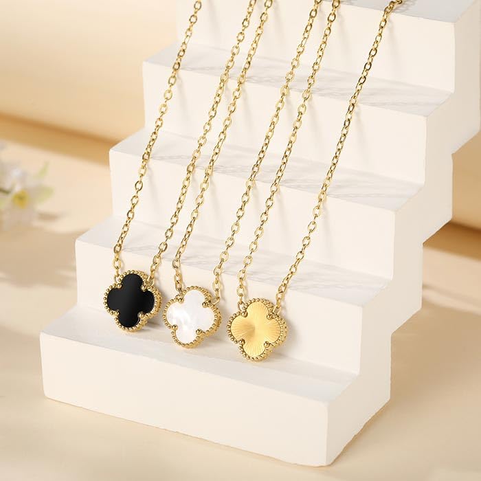 Image of Real 18K Gold Plated Necklaces for Women (Double Sided) Dainty Pendant Necklace Set (High Tarnish & Water Resistant) Trendy Four Leaf Cute Lucky Clover Jewelry Gifts for Women, Black White Gold (Gold+White+Black)