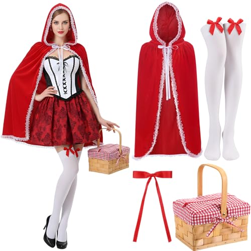 Preboun 4 Pcs Women Red Riding Hood Cape Costume Set Include Red Cape Handheld Weaving Basket Satin Bow Thigh High Socks Hair Bow Clips Kit for Halloween Christmas Cosplay Party Dress Role Playing