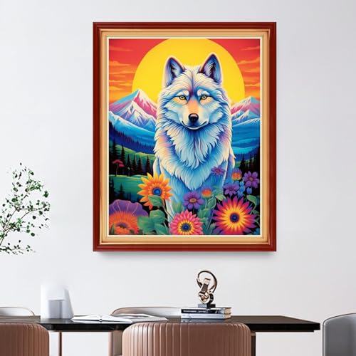 Image of Foxdiviy Stamped Cross Stitch Kits Full Range of Embroidery Needlework Starter Kits for Beginners Adults 11CT Embroidery Patterns Art Crafts DIY Needlepoint Kits-Sunrise Wolf 16x20 inch