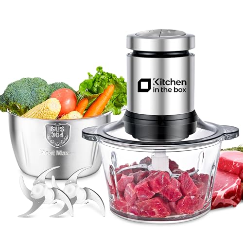 Kitchen in the box 2L+2L Electric Food Processors & Chopper with 304 Stainless Steel Container and Glass Container 2 Speed Settings 4 Stainless Steel Blades for Chopping Meat Baby Food Vegetable