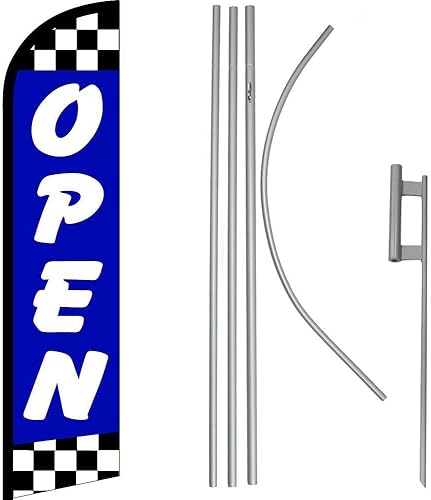 Premium Open With Checkered Windless Flag & 16' Flagpole KitGround