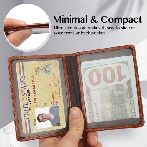 Image of Unaone Slim Minimalist Wallet - Premium Leather Card Holder RFID Blocking Card Case with 8 Card Slots and 2 ID Window, Crackle Brown