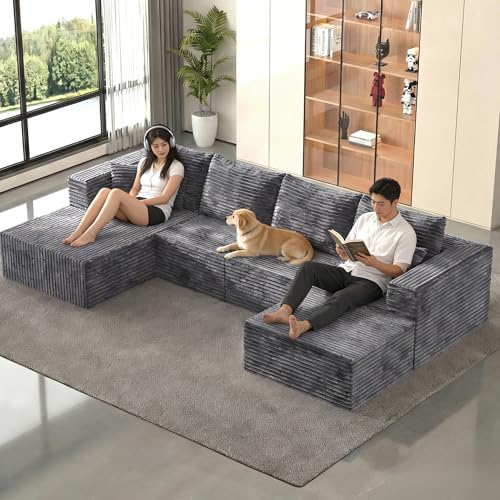 Image of 138 inch Modern Modular Sectional Sofa, U-Shaped Cloud Couch, Soft Corduroy Boneless Couch with 3060 High Rebound Memory Foam, Sectional Couches for Living Room-Grey(Left Facing Chaise)