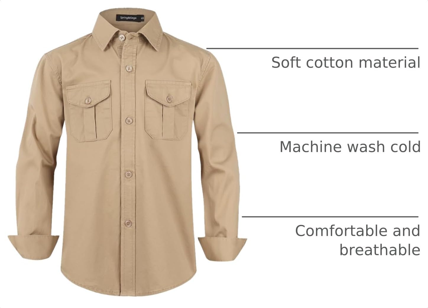 Spring&Gege Boys' Long Sleeve Button Down Shirt for Kids Woven Solid Two Pockets