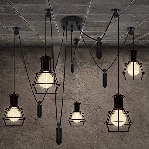 Lámpara colgante de metal retro industrial de 5 luces con polea de elevación para techo