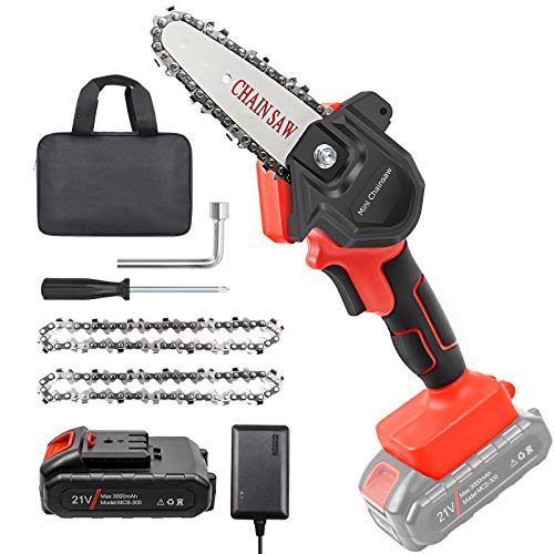 Upgraded Mini Chainsaw, 4-Inch Cordless Chainsaw Portable Lightweight Lithium Battery Chain Saw with Certified Power Adapter for Courtyard Tree Branch Wood Cutting (2 Chains)