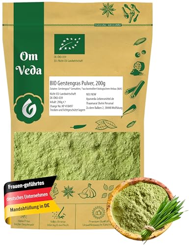 BIO Gerstengras Pulver | Rohkostqualität | 100% reines Gerstengraspulver | vegan glutenfrei laktosefrei | OmVeda (200g)