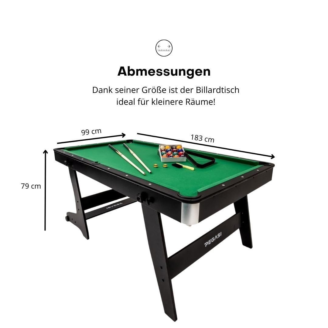 Pegasi Billardtisch 6ft Spider - Billardtisch 6ft - Tischbillard - Zusammenklappbar - Pool Table für Erwachsene - Indoor - Premium Qualität - Schwarz