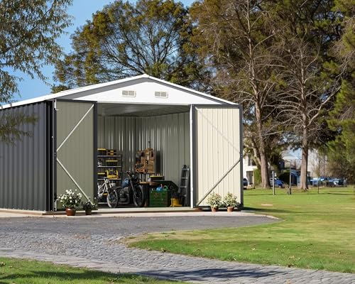 Image of Greesum 10x10FT Outdoor Storage Shed, Utility Tool Shed Metal Storage Shed with Door & Lock for Patio Storage, Garden, Lawn, Gray