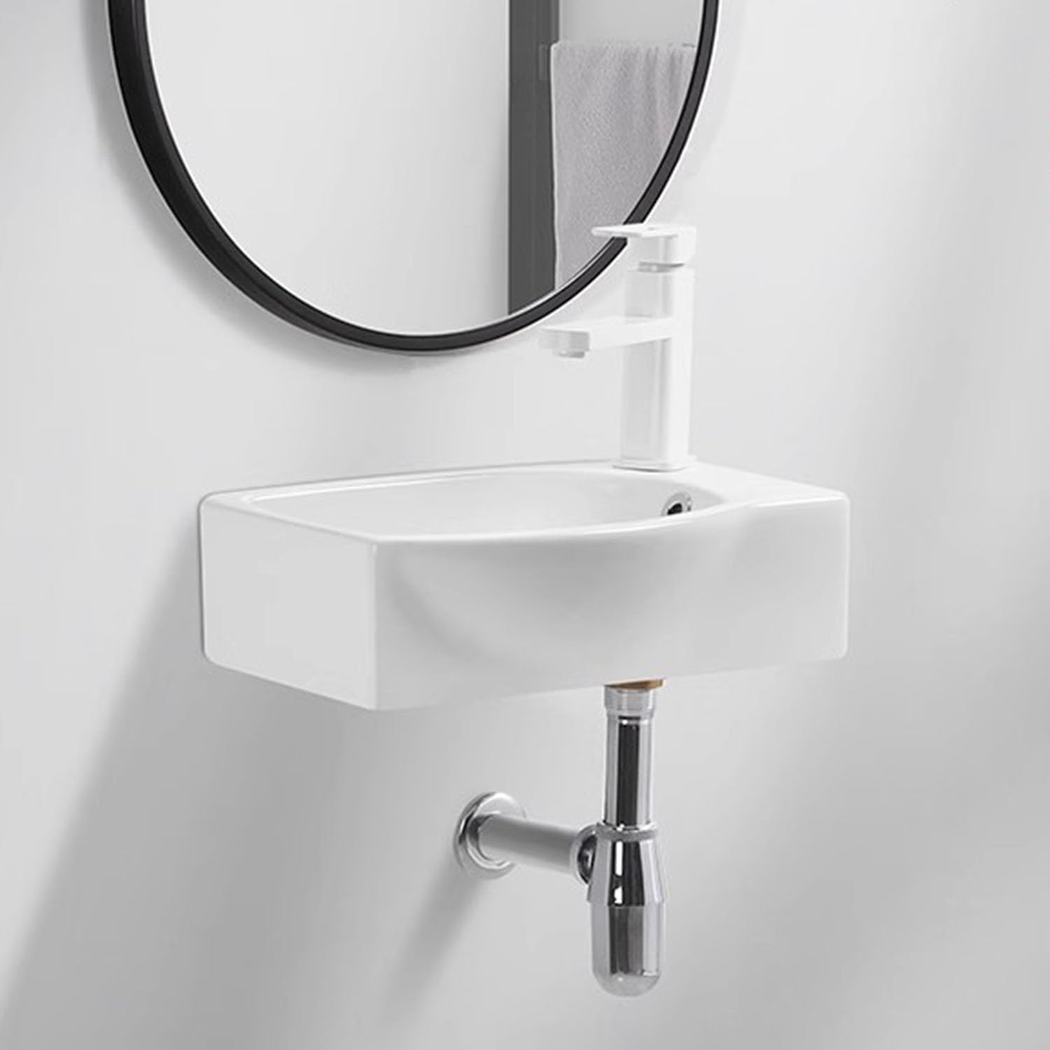 Lavabo Cerámico Compacto - Lavamanos De Esquina Pequeño para Espacios Reducidos. Instalación En Pared O Encimera. Incluye Manguera De Desagüe.Modelo A - Juego De Grifos Blancos