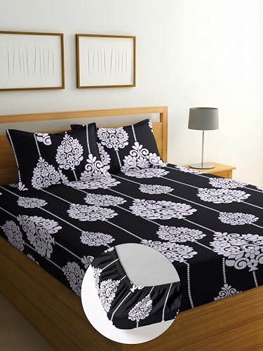 Image of DECORUM Glace Cotton Fitted 1 Bedsheet King Size (72 inchx78 inch) | All Around Elastic | Cotton Feel | 2 Pillow Covers (17 inchx27 inch) | Fits Up to 8 inch Mattress | 200-220 TC | Printed Double Bed Sheet Set