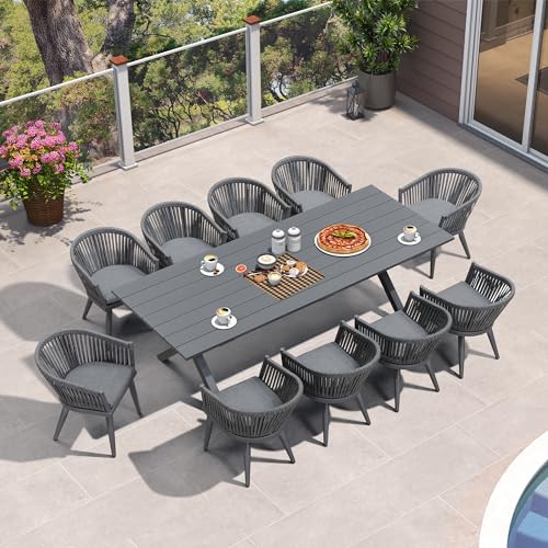 Image of PURPLE LEAF 11 Pieces Outdoor Dining Set with Patio Aluminium Dining Table and Wicker Rattan Chairs Modern Furniture Cushions Sets for Backyard Indoor Decor Kitchen Grey