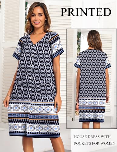 Image of Ekouaer House Dresses for Women with Pockets Button Down Nightgowns Plus Size Moo Moos Mumu Dresses Floral Print S-3XL