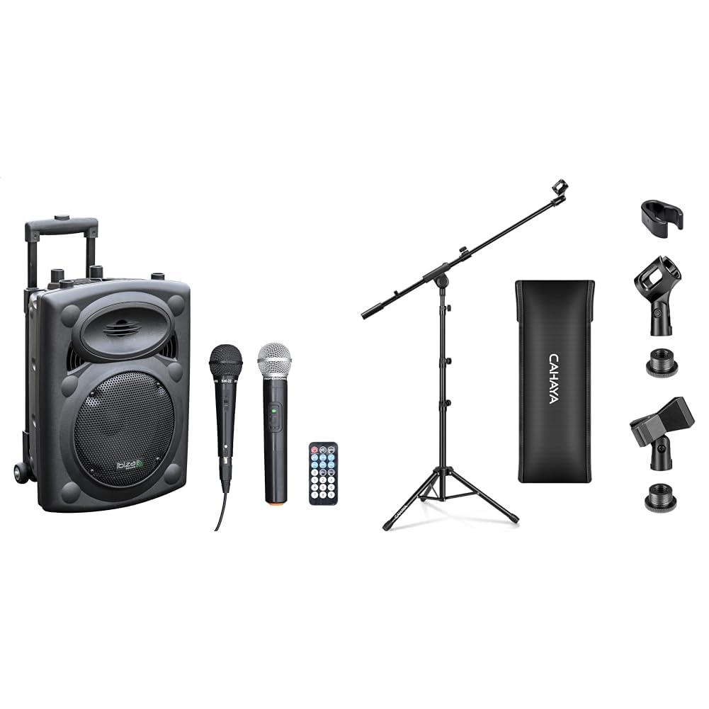 Ibiza Sound PORT8VHF-BT Sistema de Sonido Portátil y Autónomo de 20 cm, Bluetooth, Wireless y CAHAYA Soporte de Micrófono con Brazo y Dos Pinzas, Pie Plegable