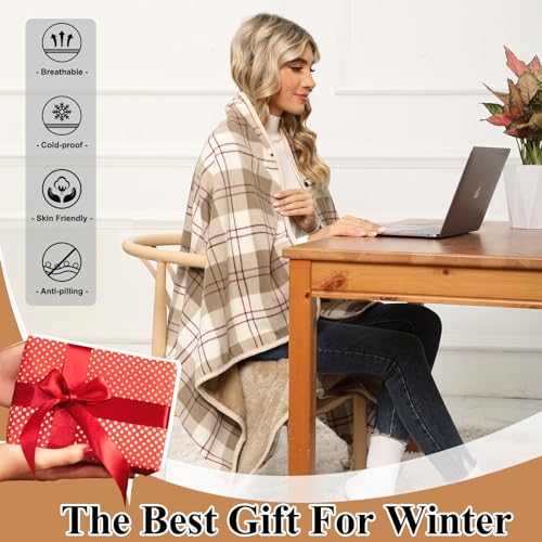 Vijamiy Poncho Damen Winter Wärme, Fleece Poncho Thermo-Strickjacke Cape,Mit Metallschließe Flanell Rollstuhldecke Warmhalten Decke Damen im Winter(Khaki,M)