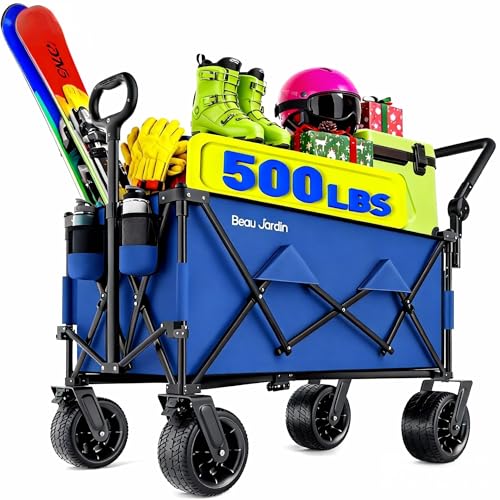 BEAU JARDIN Folding Push & Pull Beach Wagon 500 lbs Collapsible Foldable Wagons with Push Handle All Terrain Wheels Grocery Utility Camping Sports Garden Wagon Cart Blue