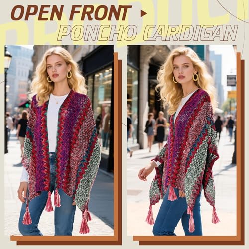 2 Pcs Women's Knit Vintage Ethnic Tassel Stripe Poncho Knitted Shawl Wrap Open Front Poncho Cardigan Kimono with Fringe for Fall Winter Casual Loose Fringe Blanket Scarf Coat Wedding Gift4