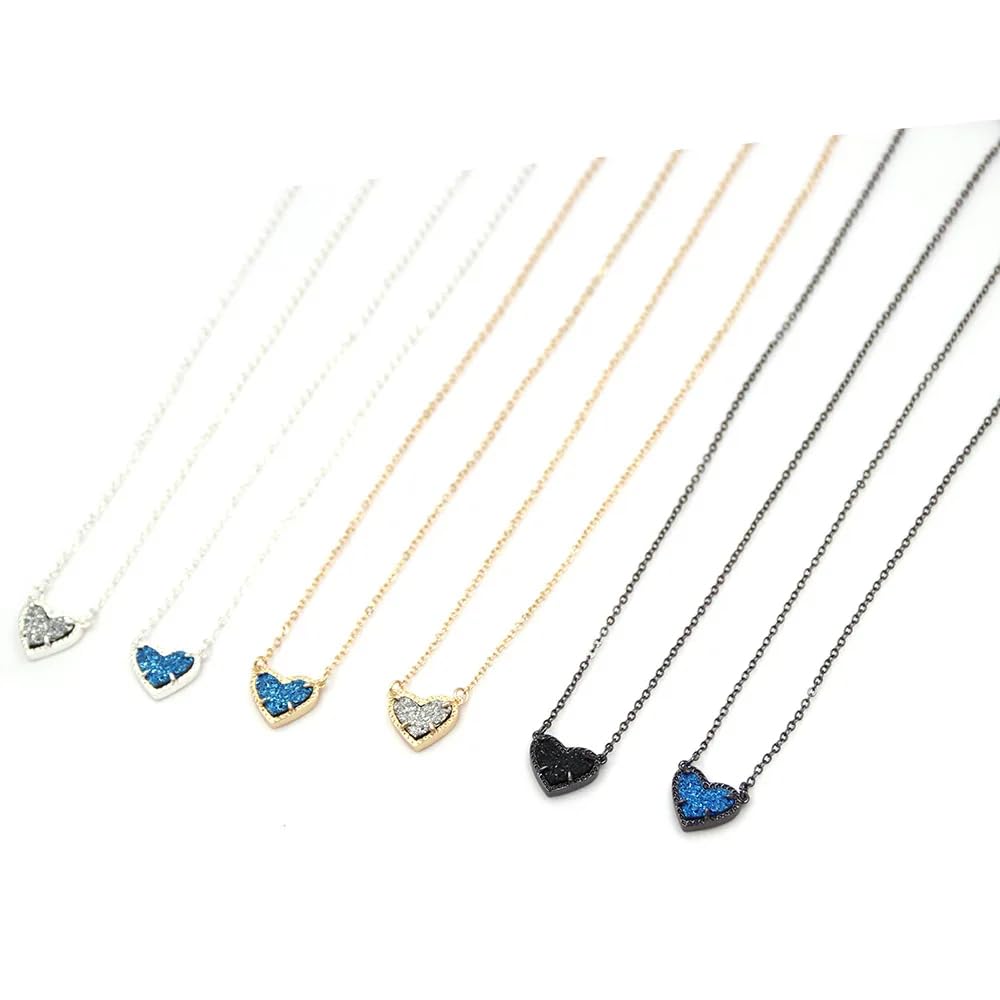 Collana for donna, collana in argento sterling 925 a forma di cuore con druzy for donna, collana geometrica in pietra rosa - collana con gioielli in resina con druzy, collana azzurra for regali di com