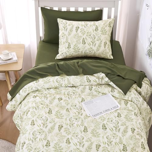 Image of Wake In Cloud - Floral Comforter Set, Botanical Vintage Flower Coquette Cottagecore Aesthetic for Women Teen Girls, Soft Lightweight Dorm Bedding, 3 Pieces, Olive Green, Twin /Twin XL Size