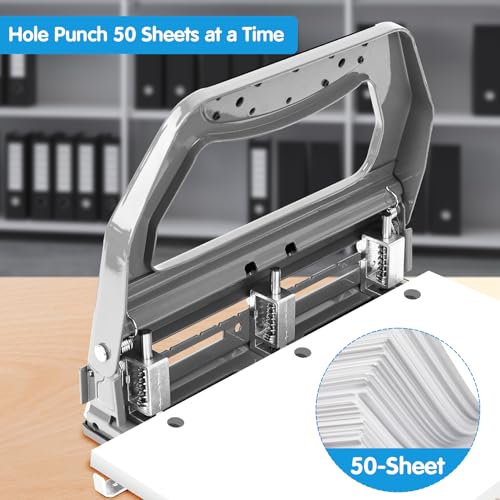 Image of AFMAT 3 Hole Punch Heavy Duty, 9 /32 inch Holes, 50-Sheet Hole Puncher 3 Ring, 50% Reduced Effort, Adjustable Two & Three Hole Punch, Metal Paper Puncher w /Large Chip Tray, Metal Paper Guide, Gray, HP18