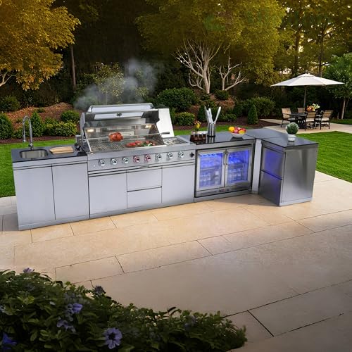 BBQ Grill Island Outdoor Kitchen: Luxury 160 Inch 6-Burner 96000 BTU Stainless Steel Built-in Propane Gas Barbecue Station with Wine Cooler Refrigerator, Rotisserie, Storage Cabinets, Drawers, Sink