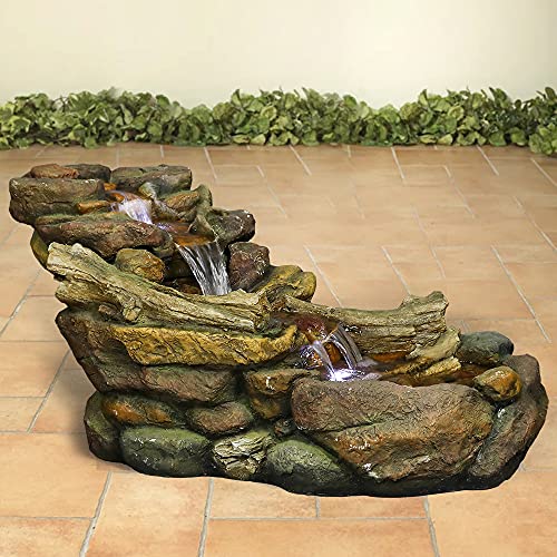 Image of SunJet Cascading Outdoor Rock Water Fountain with LED Lights - 39 inch L x 15 inch W x 19 inch H Creek Waterfall Feature for Home Garden, Yard, Patio, Deck Decor - Soothing Tranquility Floor-Standing Fountains