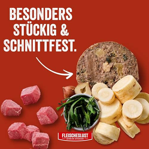 Fleischeslust Hundewurst | Rindermenü mit Pastinake, Haselnuss & Seealge | Futterbox (6x800g) | Nassfutter | schnittfest | getreidefrei | Alleinfuttermittel für Hunde