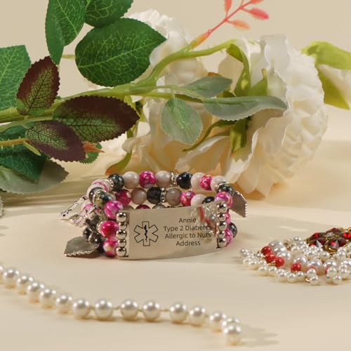 Personalized Medical Alert Bracelet for Women Custom Natural Stone Beads ID Bracelets Cute Pendant, Handmade Adjustable Elastic Wristband4