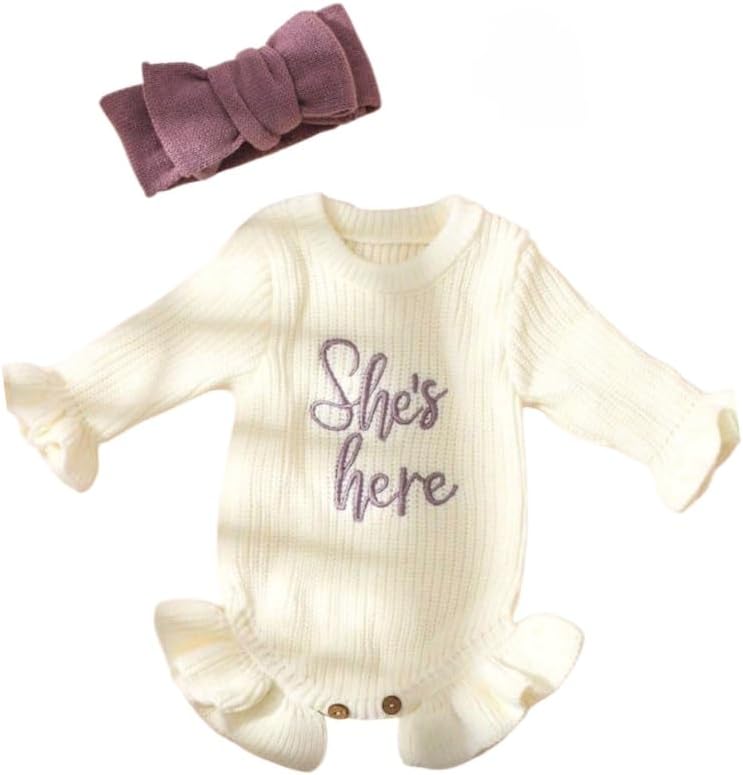 Baby Embroidered Knit Sweater and Bow Set, Long Sleeve, Frill Design, Round Neck. (US, Age, 0 Months, 1 Months, Purple Combo)